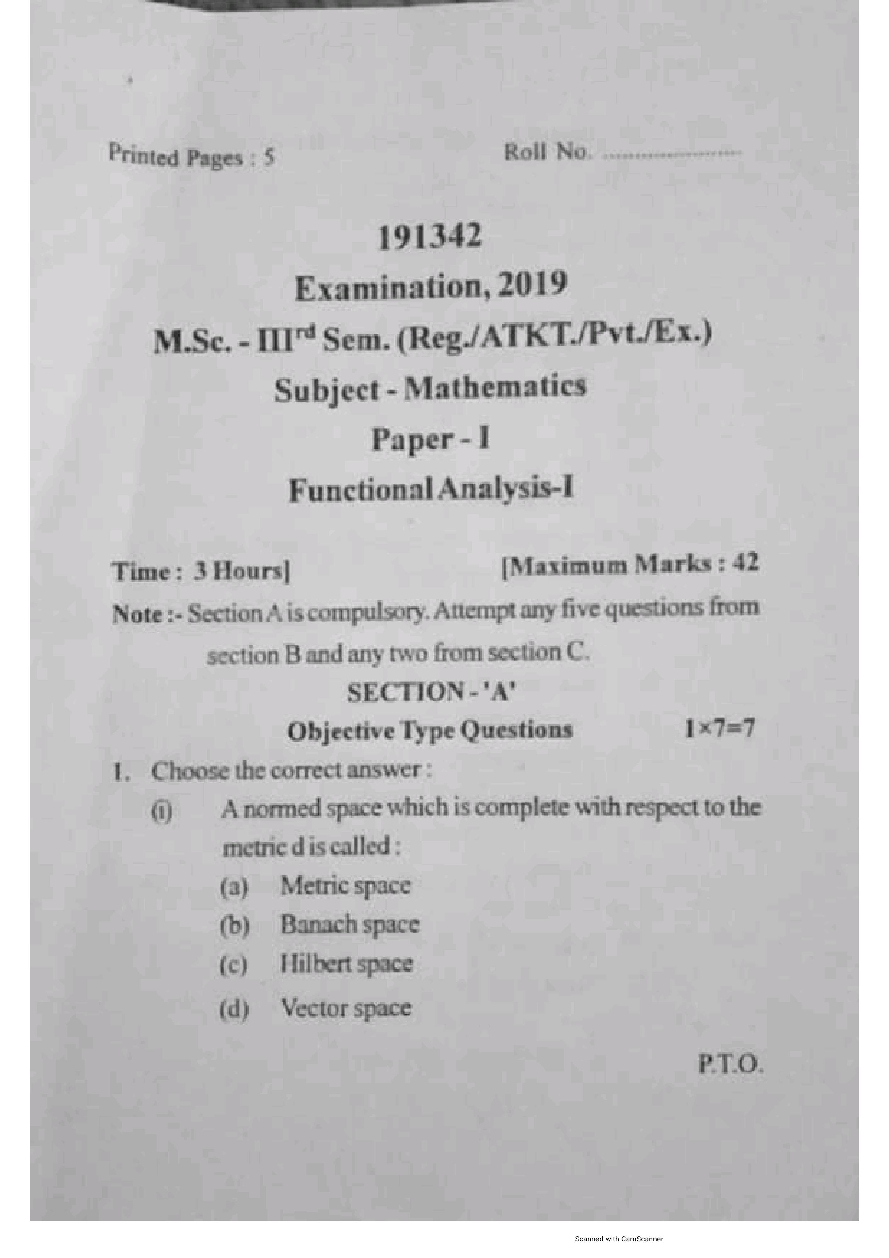 Mathematics M.Sc - IIIrd Sem Previous Question Papers Subject - Functional Anaysis