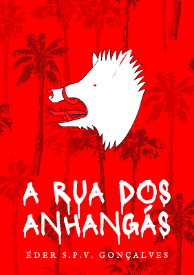 Capa do livro a rua dos anhangás com fundo vermelho e a cabeça de um javali branco no centro