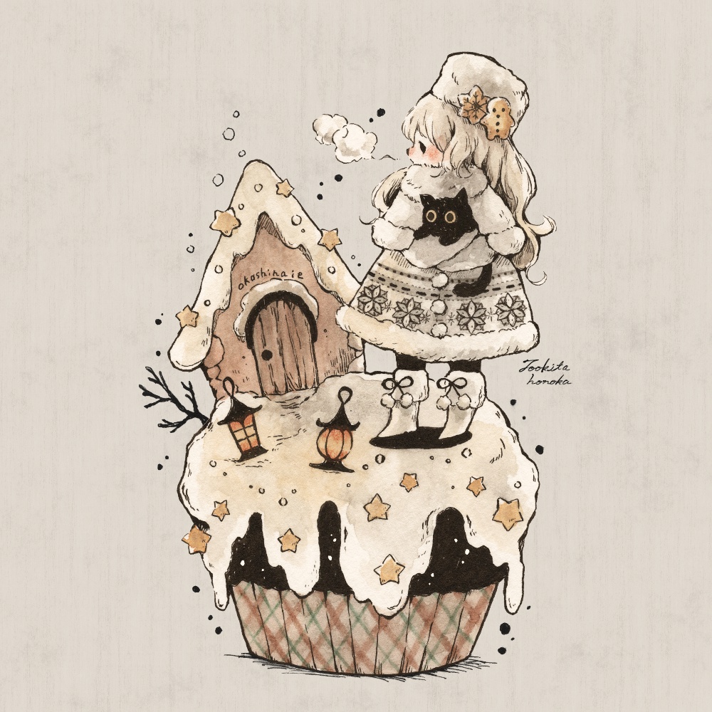 冬の女の子と黒猫とココアカップケーキのかわいいオリジナルアナログイラスト 遠北ほのかのイラストサイト