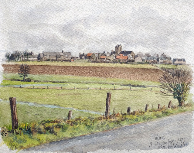 Watercolour of a view across fields towards a village on a hill on a rainy day, "Vains," by William Walkington in 1977.