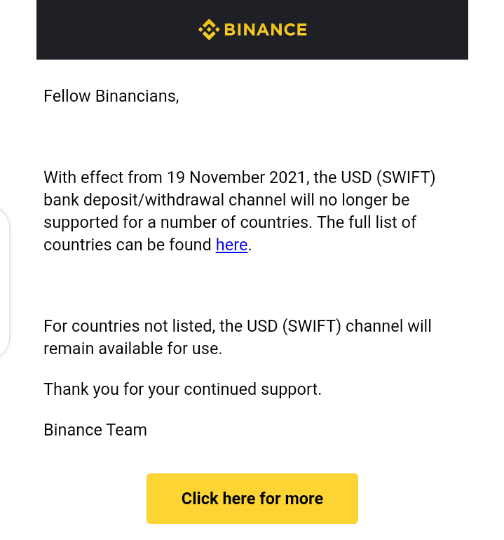 SWIFT Bank Transfer Channel Will Be Unsupported For Selected Countries on 2021-11-19 - Binance Released New Annoucement
