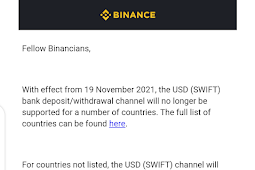 SWIFT Bank Transfer Channel Will Be Unsupported For Selected Countries on 2021-11-19 - Binance Released New Annoucement