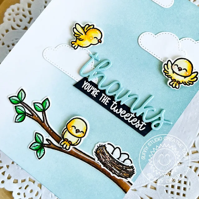 Sunny Studio Stamps: Little Birdie Card by Ashley Ebben (featuring Fluffy Clouds, Thank You Word Dies)