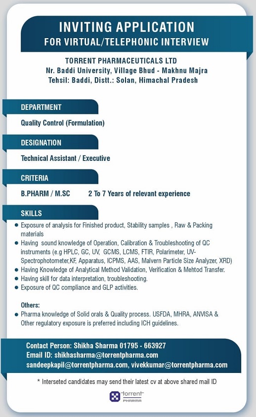 Torrent Pharma | Inviting applications for QC at Baddi | Send CV