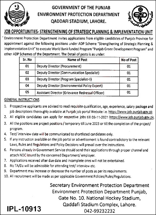 Environment Protection Department Punjab Latest Jobs 2021 October Apply Online Assistant / Deputy Directors