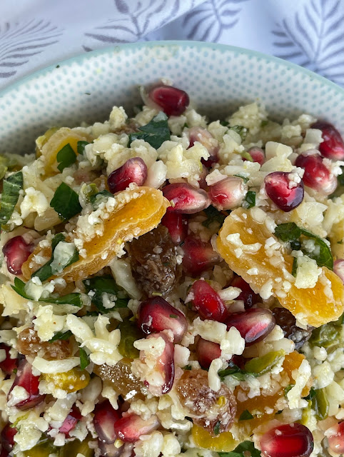 Raw Cauliflower "Rice" Pilaf with Pomegranate and Pistachios