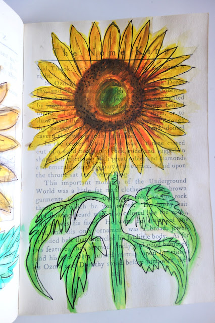 sunflower,altered book, book as sketchbook, Ozma of Oz, collage, watercolor, watercolor flowers, flowers, sketching, creative process, blah to TADA, art, thrift store finds