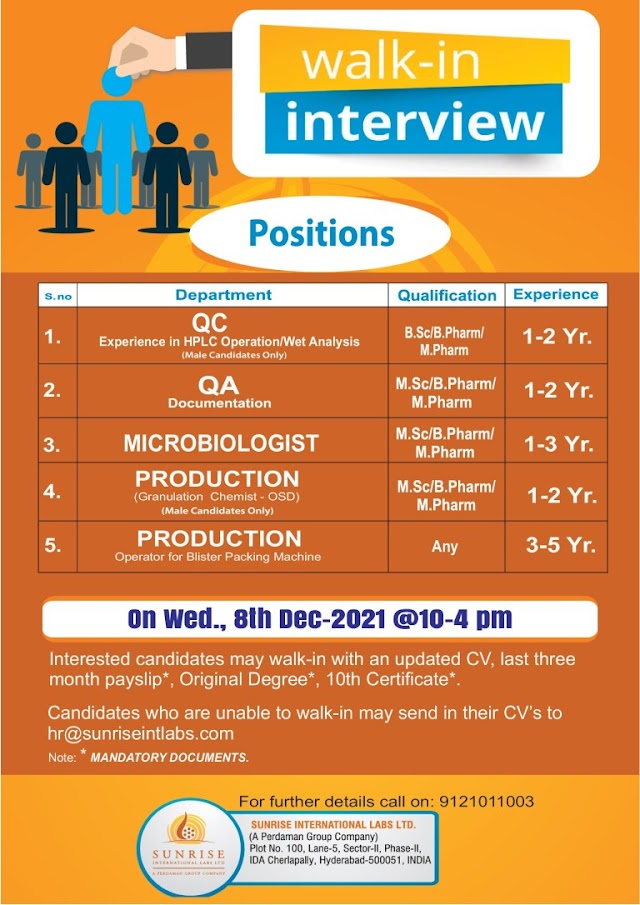 Sunrise International | Walk-in for Production/QC/QA on 8th Dec 2021