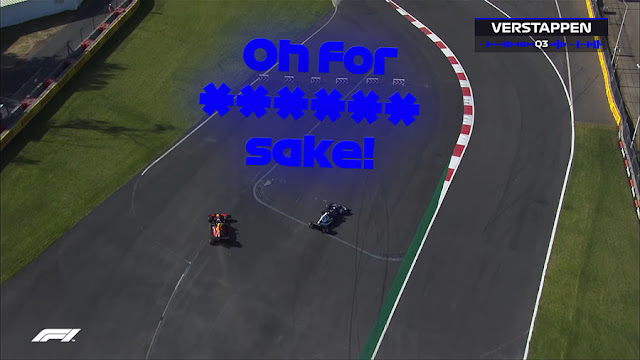F1 telly screenshot of Verstappen's Red Bull, with the caption "Oh for ****** sake!"