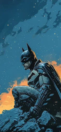 An iPhone wallpaper featuring batman perched high against a starry dusk sky, capturing a moment of vigilant solitude.
