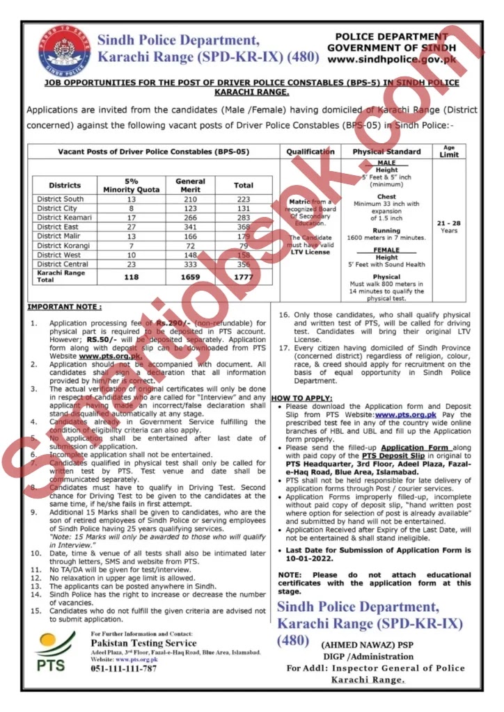 Sindh Police Jobs 2022 For Constables Application Form Download By PTS