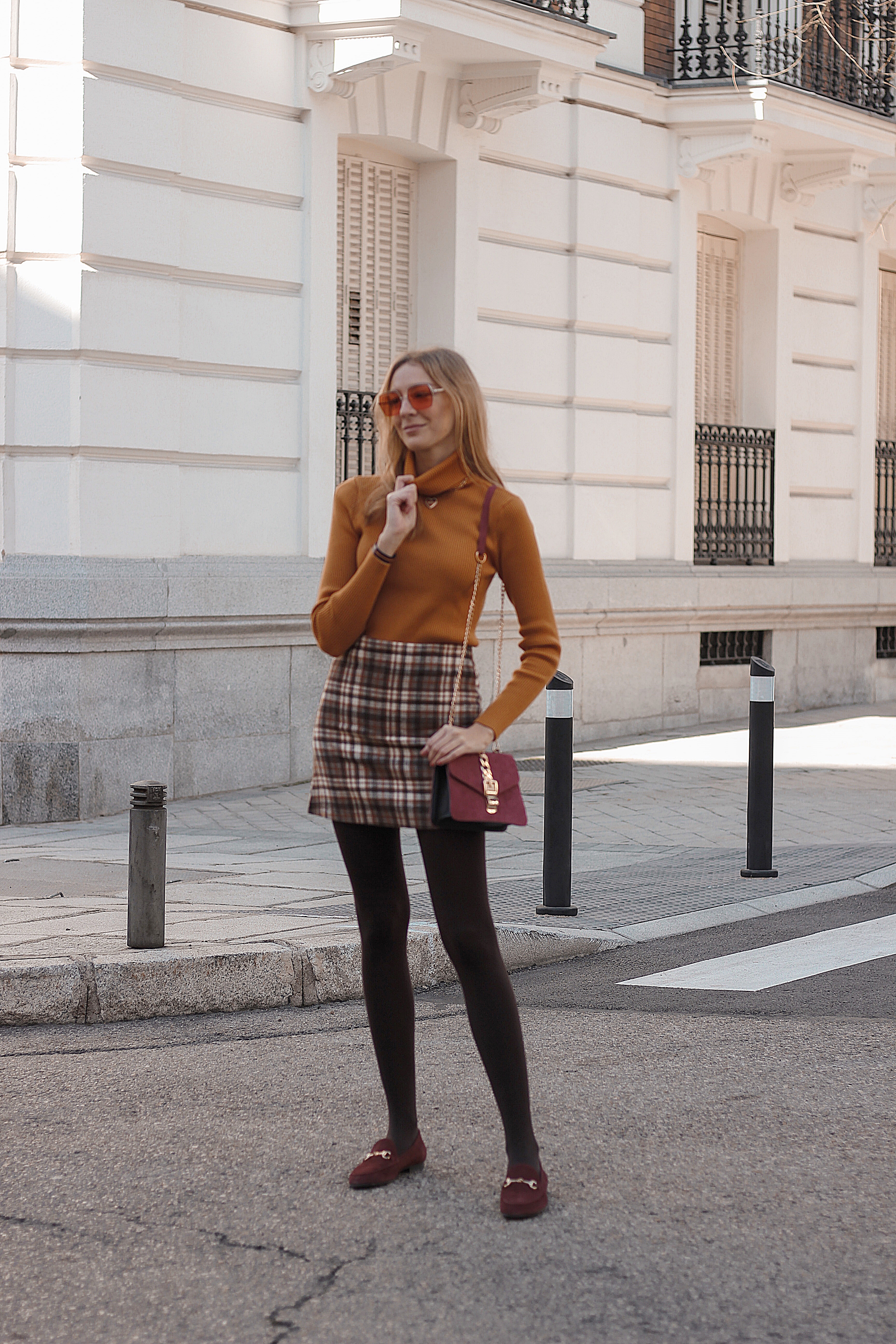 orange-turtle-neck-tartan-skirt-chicwish-burgundy-loaferes-lesac-hawkers-retro-sunglasses-preppyels