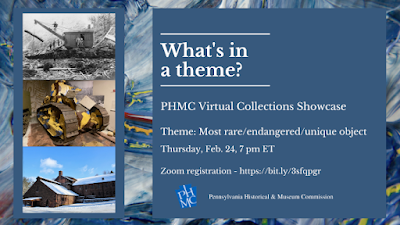 Event graphic with blue background and white text: "What's in a theme? PHMC Virtual Collections Showcase" Date is Feb. 24 at 7 pm" Listing below has links.