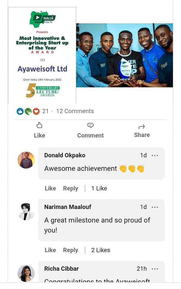 [E-News] Ayaweisoft Media company Bags another award from 'Naija live TV - #isabi