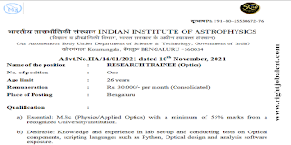 Research Trainee M.Sc Jobs IIA Bangalore