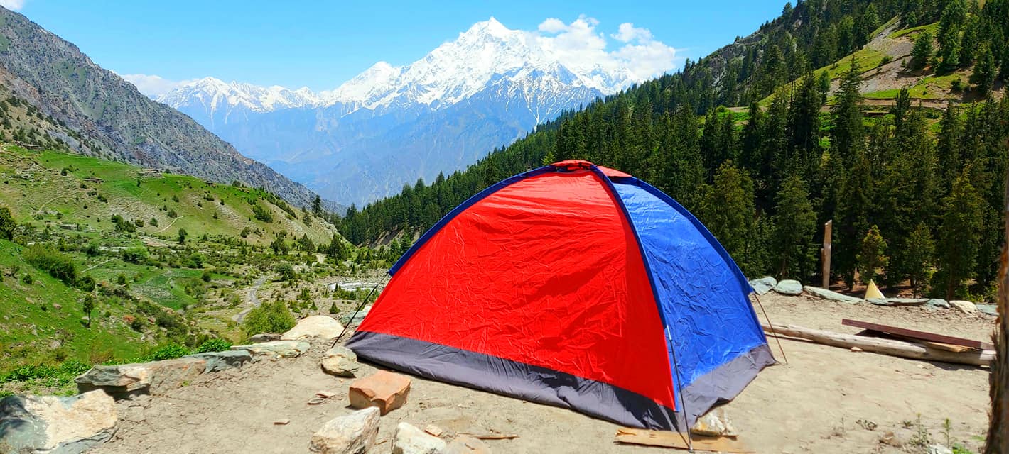 Camping on Gappa/Gapa meadows in distance Nagar valley the massive Rakaposhi 7,788 m and Diran 7,266 m peak from Chaprot valley Nagar Gilgit Baltistan