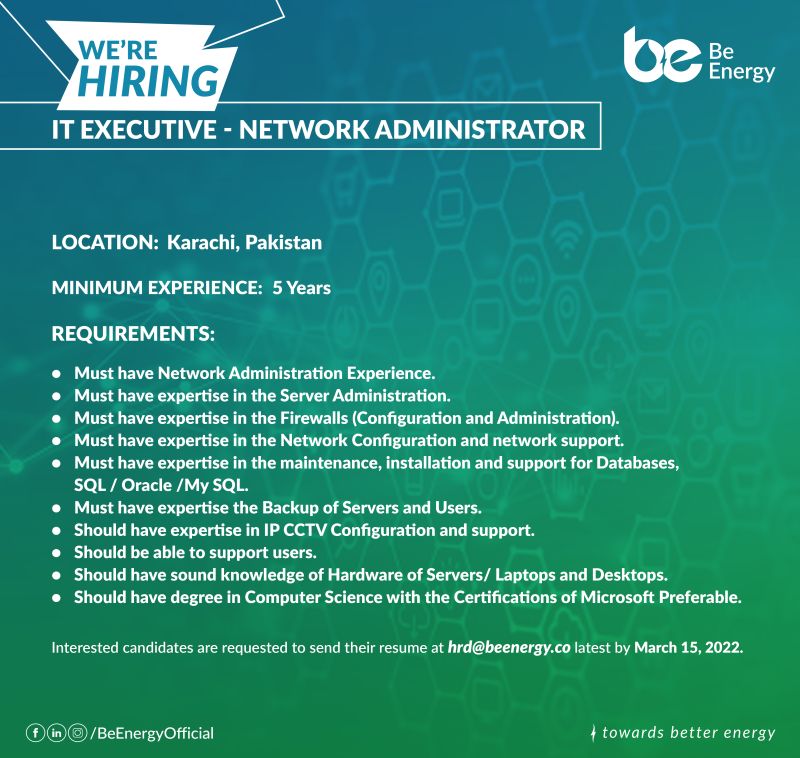 Be Energy Limited Jobs IT Executive - Network Administrator.