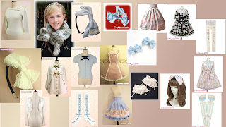 A collage of many stock photos of lolita items. They are mostly from Innocent World. Predominant colours are offwhites, ivories and light blues.
