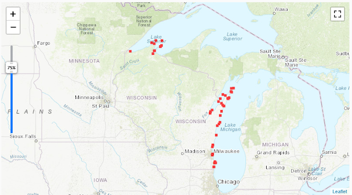 Red squares depicting lighthouses in Wisconsin