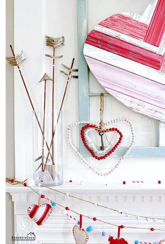 arrows, beaded hearts and molding heart art valentine mantel
