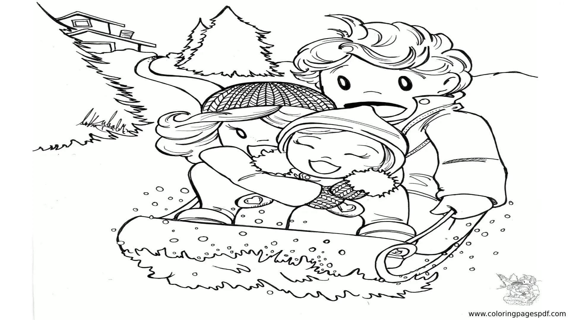 Coloring Pages Of Kids Toboganning In Snow