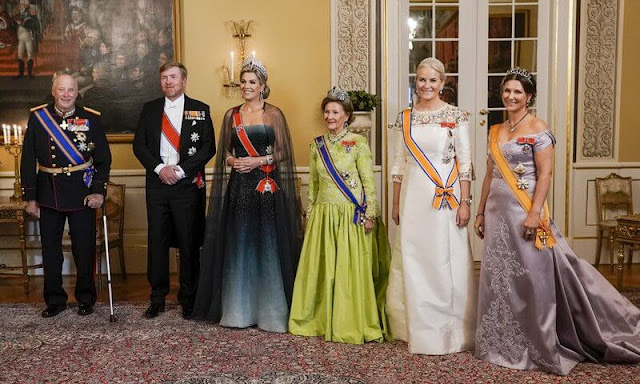 Queen Maxima wore a gown by Jan Taminiau. Diamond Swirl Brooches and Sapphire pendant. Mette-Marit, Princess Martha Louise