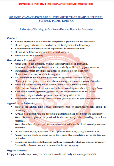 Do's and Dont's in laboratory, Working in lab rules 7th Semester B.Pharmacy ,BP304T Pharmaceutical Engineering,BPharmacy,Pharmaceutical Engineering,Standard Operating Procedure (SOP),Practical and Experiments,