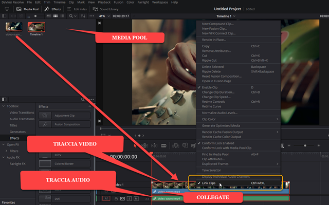 scollegare traccia audio e video con davinci resolve