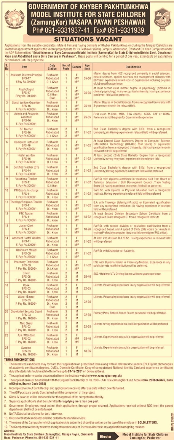 Model Institute for State Children Jobs 2021 Khyber Pakhtunkhwa jobs | jobs in kpk | jobs in peshawar | jobs near me| zamungkor jobs 2021 