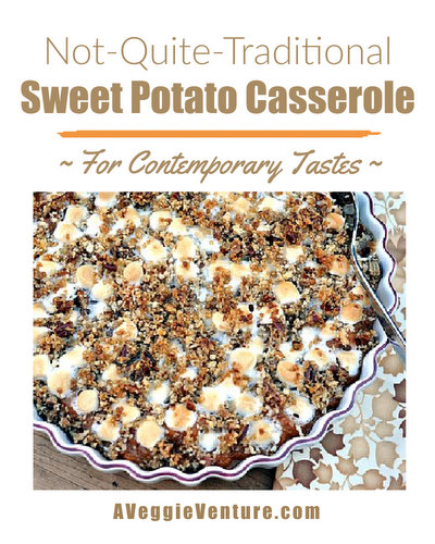 Sweet Potato Casserole ♥ AVeggieVenture.com, traditional sweet potato casserole, updated with vanilla and ginger, just a few mini marshmallows plus a pecan-panko topping. Delish!