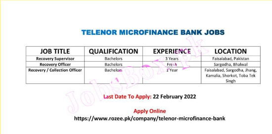 Telenor Microfinance Bank Jobs 2022 Online Applications