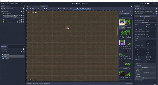 An animated GIF showing my 90-degree and 45-degree tiles being autoselected as the user draws tiles across the scene editor.
