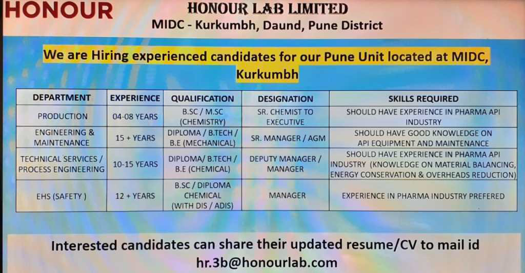 Job Availables,Honour Lab Limited Job Vacancy For Diploma/ BE/ B.Tech Chemical/ Mechanical/ BSc/ MSc Chemistry