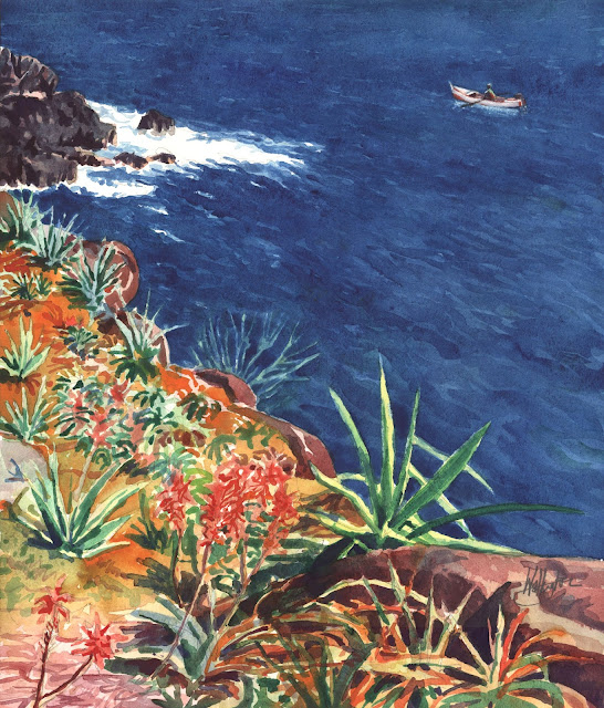 Watercolour from the edge of a cliff of a man in a small fishing boat in a blue sea, "Le Jardin Secret," by William Walkington