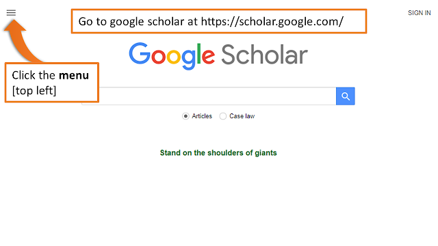 google scholar home page showing the menu option in the top-left-corner