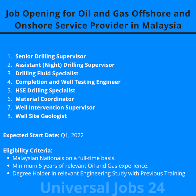 Job Opening for Oil and Gas Offshore and Onshore Service Provider in Malaysia