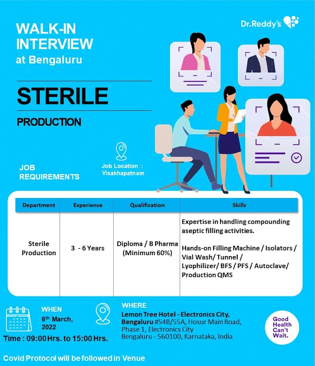 Dr.Reddy's Labs | Walk-in interview at Bangalore for Sterile Production on 6th March 2022