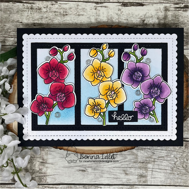 A7 Card floral Donna Idlet - Orchids Stamp Set, A7 Frames & Banners Die Set copic coloring  #newtonsnook #cardmaking