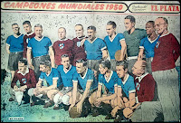 SELECCIÓN DE URUGUAY. Temporada 1949-50. Obdulio Varela, Juan López (seleccionador), Tejera, Vázquez (ayudante), Abate (ayudante), Gambetta, Matías González, Máspoli, Andrade, Kirshberg (masajista). Álvarez Modinas (técnico), Ghiggia, Julio Pérez, Míguez, Schiaffino, Morán y Figoli (técnico). SELECCIÓN DE BRASIL 1 SELECCIÓN DE URUGUAY 2 Domingo 16/07/1950, 15:00 horas. IV Copa del Mundo Brasil 1950, fase final, jornada 3. Rio de Janeiro, Brasil, estadio de Maracaná