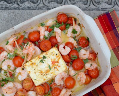 Warm Baked Feta & Tomatoes with Shrimp ♥ KitchenParade.com. TikTok phenomenon worth the hype as an appetizer, casual meal or pasta feast.