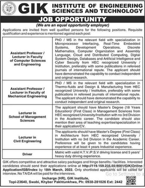 Latest GIK Institute of Engineering Sciences & Technology Education Posts Swabi 2022