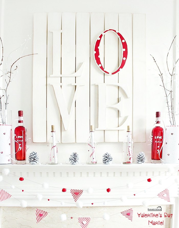 White and Red mantel display for Valentines