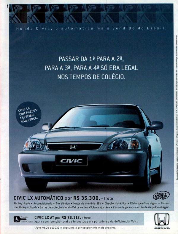 Propaganda da Honda promovendo o Civic LX automático no começo do ano 2000