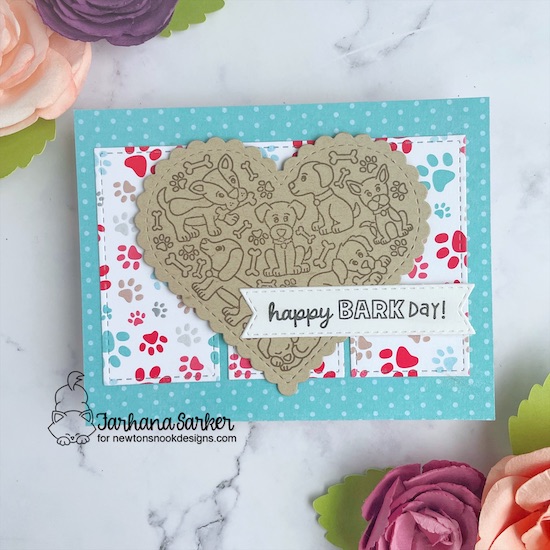 Dog Birthday Card by Farhana Sarker | Heartfelt Woofs Stamp Set, Heart Frames Die Set, Love & Meows Paper Pad and A7 Frames & Banners Die Set by Newton's Nook Designs
