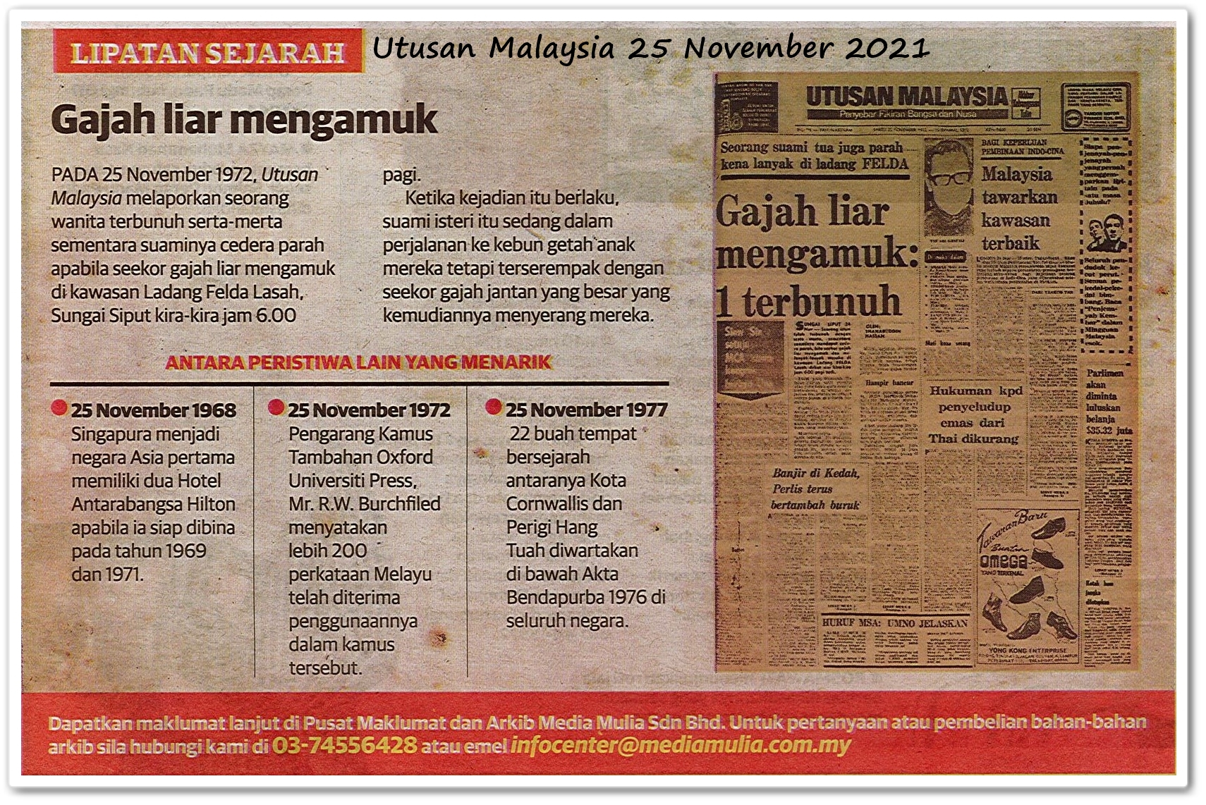 Lipatan sejarah 25 November - Keratan akhbar Utusan Malaysia 25 November 2021