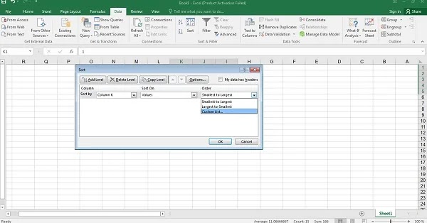 فرز الأعمدة المخصصة في Excel