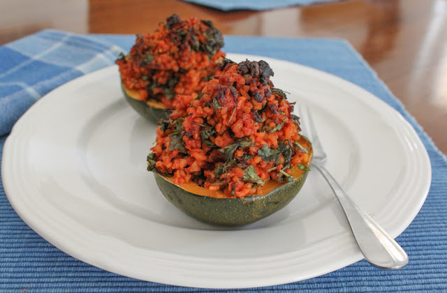 Food Lust People Love: Roasted Stuffed Gem Squash filled with herby, tomato-ey bulgur wheat is a thing of beauty and deliciousness but you can also kick it up a notch with the addition of Italian sausage.