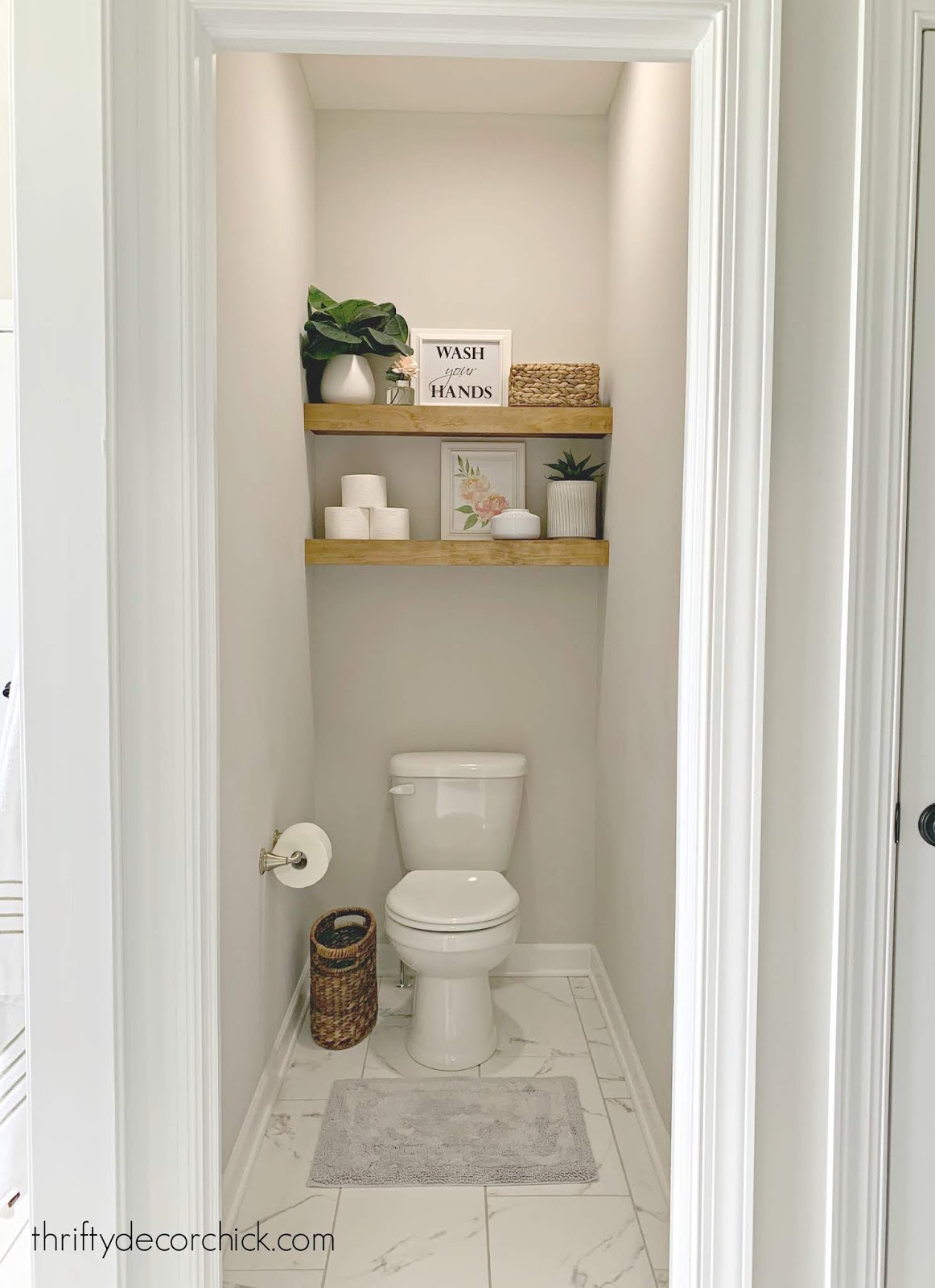 DIY wood shelves above toilet