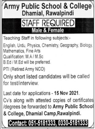 TEACHERS JOBS IN ARMY PUBLIC SCHOOL AND COLLEGE RAWALPINDI - TEACHERSJOBS 2021