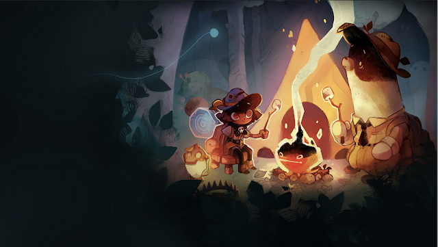 Cozy Grove art. A young ghost scout makes marshmallows over a campfire with a ghost bear.